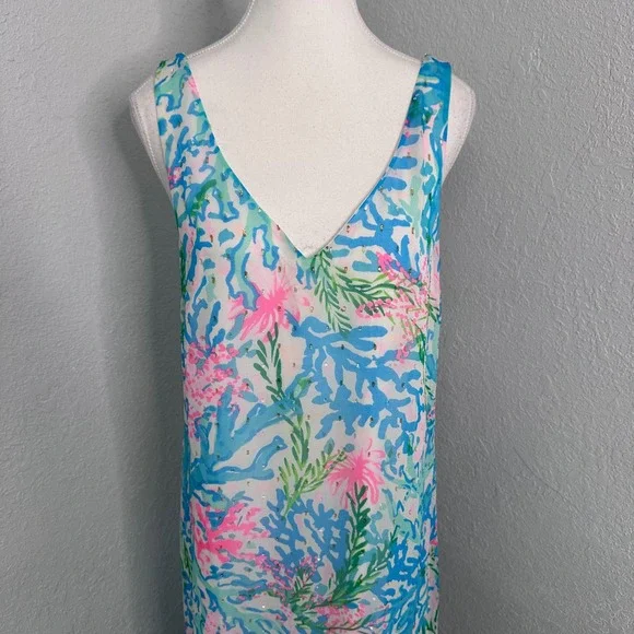 Lilly Pulitzer Lani Blue Pink Coral Metallic Maxi Dress Womens Medium - Picture 2 of 10